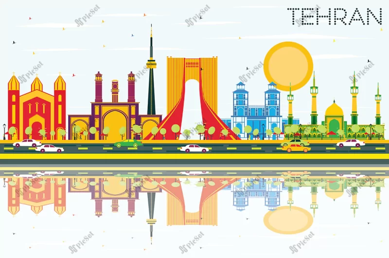 tehran skyline with color landmarks blue sky reflections vector illustration business travel tourism concept with historic buildings image presentation banner placard web site / خط افق تهران با نشانه های رنگی بازتاب های آسمان آبی مفهوم گردشگری سفر تجاری با ساختمان های تاریخی ارائه تصویر بنر پلاکارد وب سایت