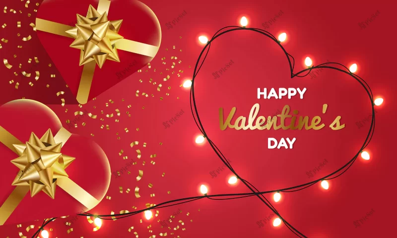 happy valentine s day decorated with heart shaped lights realistic love present gift box celebration / روز ولنتاین مبارک تزئین شده با چراغ های قلبی شکل عشق، جعبه هدیه