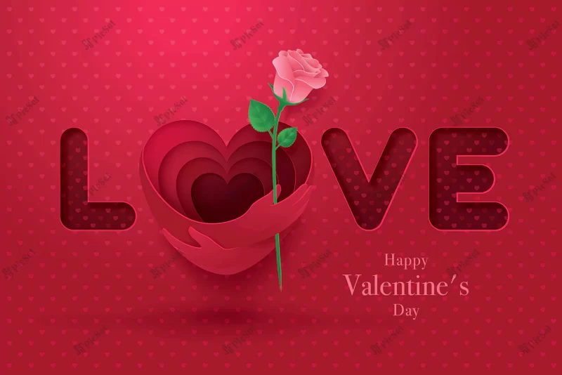 sweet valentines day card red hug hand with pink rose heart shape paper cut love letter / کارت روز ولنتاین پس زمینه قرمز با کاغذ رز صورتی شکل قلب نامه عشق