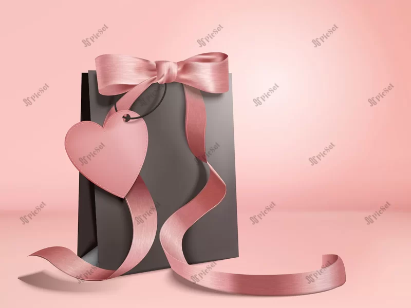 valentines day elements black paper bag with elegant pink ribbons it / کیسه کاغذی مشکی روز ولنتاین با روبان صورتی زیبا