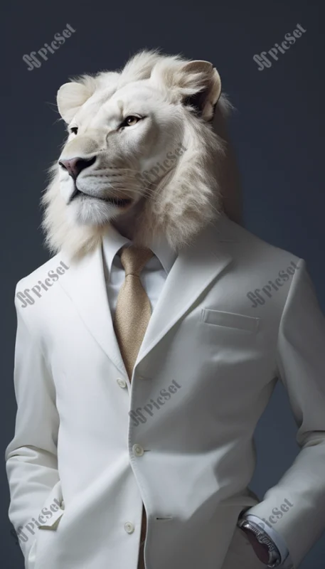 Lion on a white suit, creative / شیر با کت و شلوار سفید