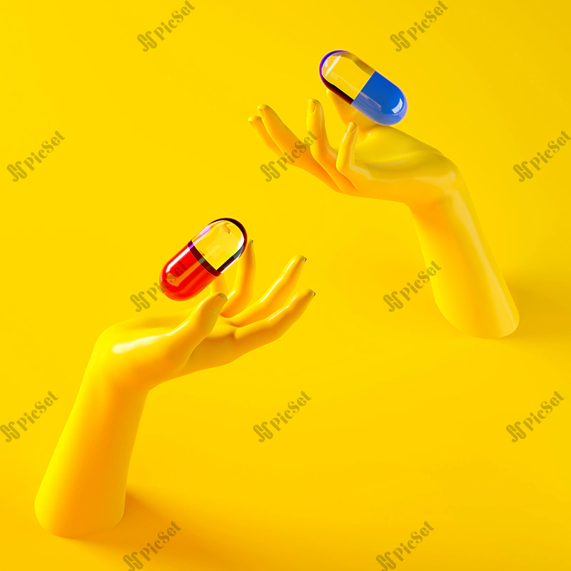 3d rendering illustration two hands holding different pills capsules / تصویر رندر سه بعدی دو دستی که کپسول های قرص های مختلف را در دست دارند