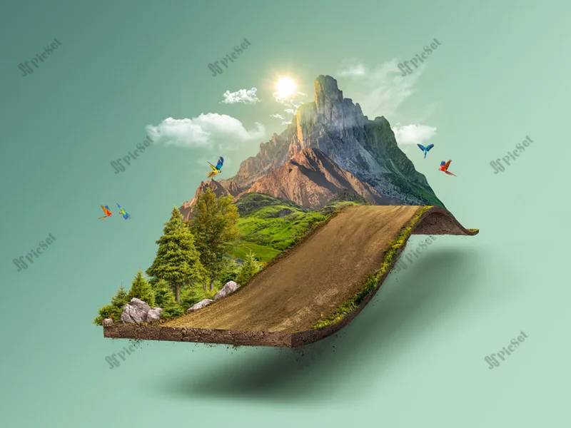 3d illustration piece green land isolated creative travel tourism offroad design trees / زمین سه بعدی با درختان بلند، جنگل و کوه و جاده، سفر گردشگری خلاقانه، قطعه زمین سبز