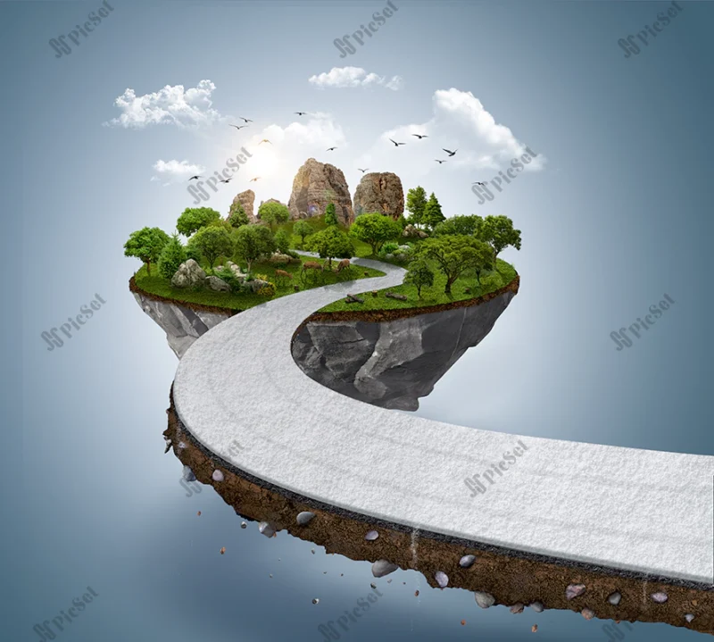 3d illustration snowy road with beautiful landscape isolated winter travel vacation road / زمین سه بعدی جاده برفی با چشم انداز زیبا و ایزوله جاده تعطیلات سفر زمستانی، قطعه زمین، کوه و جنگل