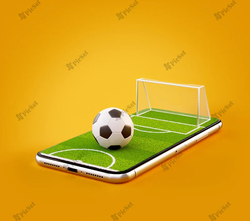 3d illustration soccer field soccer ball smartphone screen / زمین فوتبال سه بعدی روی صفحه نمایش گوشی هوشمند با توپ فوتبال، قطعه زمین با چمن سبز و دروازه فوتبال